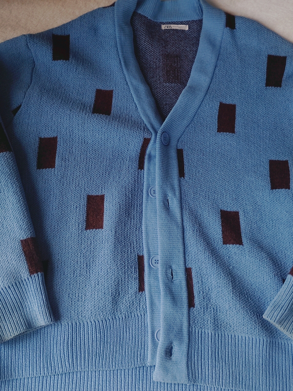 ZARA Men’s Brushed Jacquard Cardigan Sweater Size L Blue Brown Block Knit